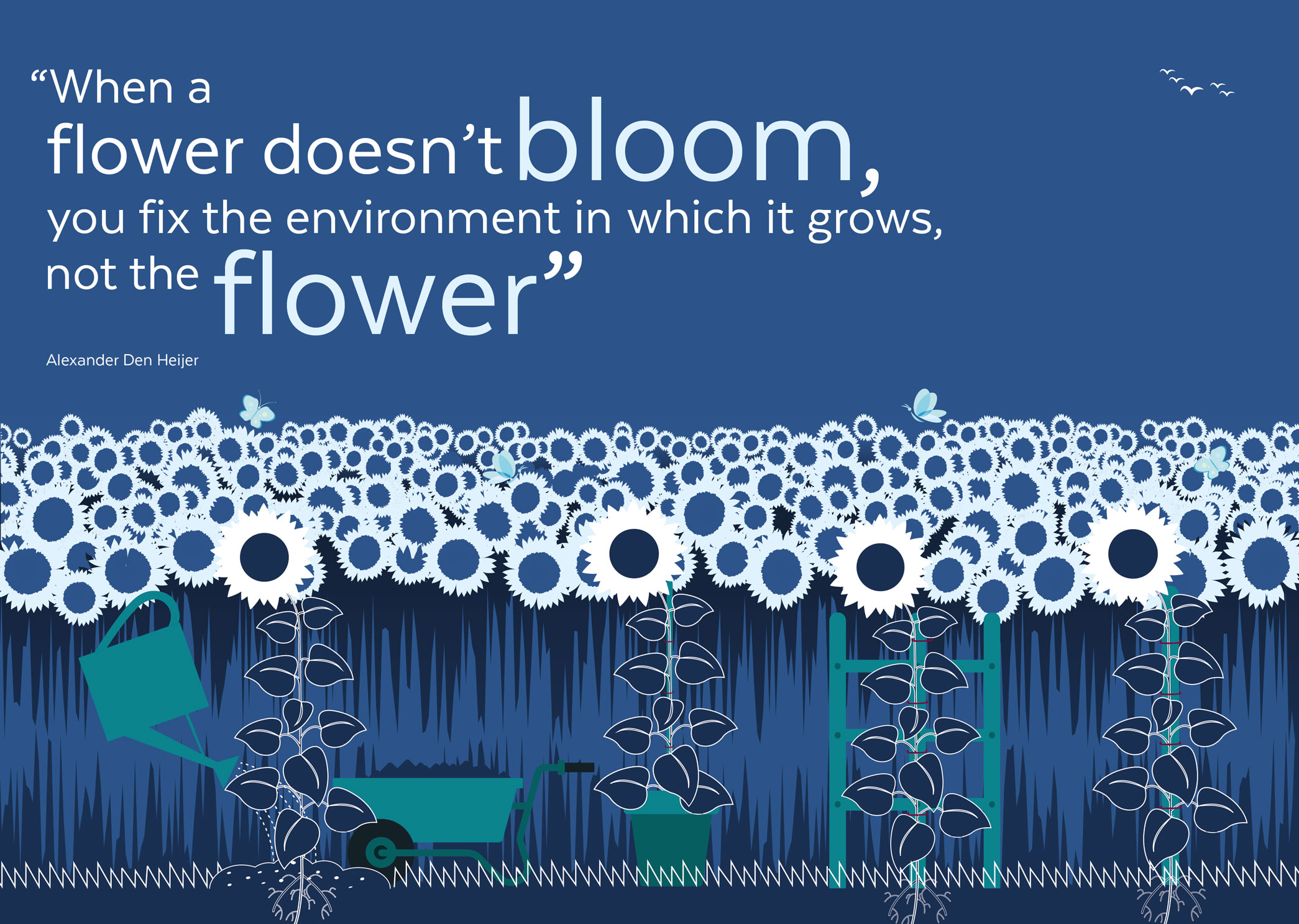 Image of flowers and a quote by Alexander Den Jeijer which reads when a flower doesn't bloom, you fix the environment in which it grows, not the flower.